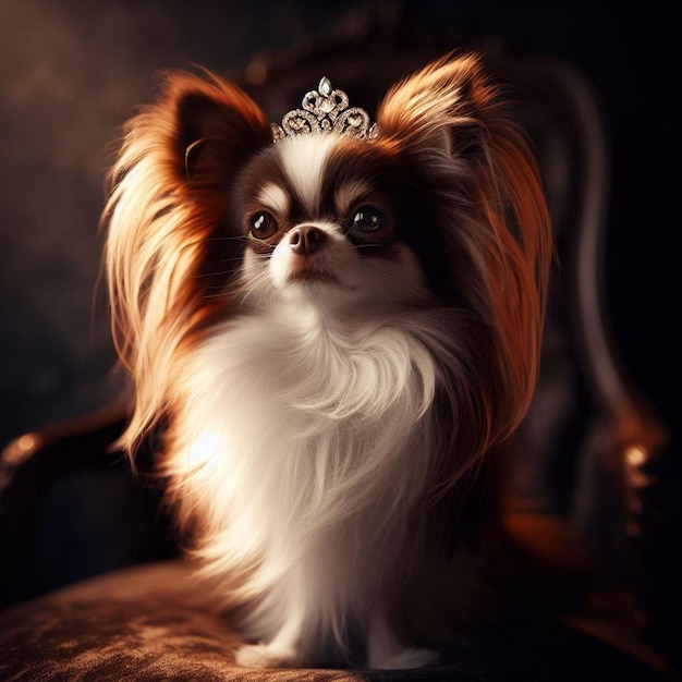 free photo a dog wearing a tiara sits on a chair