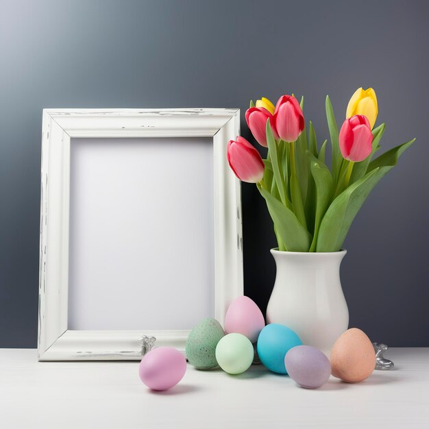 Free photo easter eggs with tulips in vase and blank frame generat ai