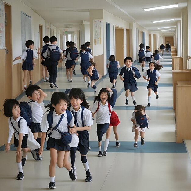 Photo free photo of elementary school cute kids are running in the school corridor