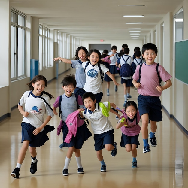 Photo free photo of elementary school cute kids are running in the school corridor