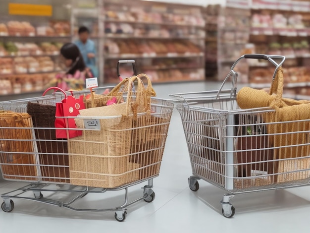 Free photo Empty shopping cart with blur supermarket aisle and product shelves