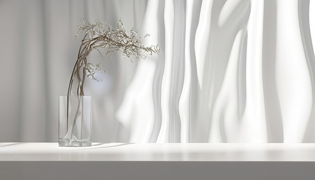 Free Photo Empty white counter table soft smooth blowing sheer fabric curtain drapery tree branch