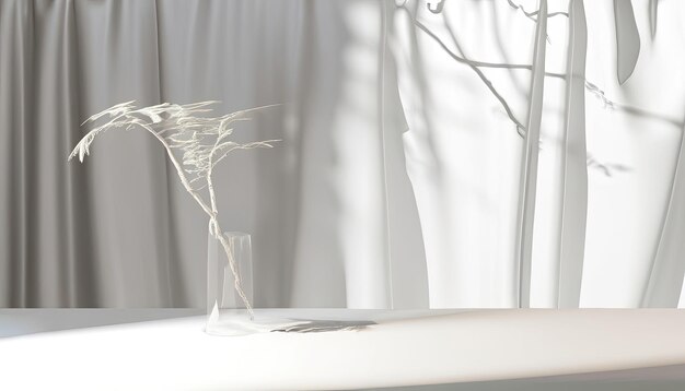 Free Photo Empty white counter table soft smooth blowing sheer fabric curtain drapery tree branch