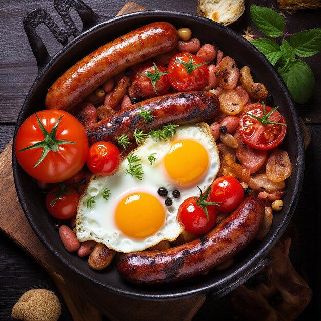 Free photo english breakfast fried eggs sausages zucchini and sweet peppers