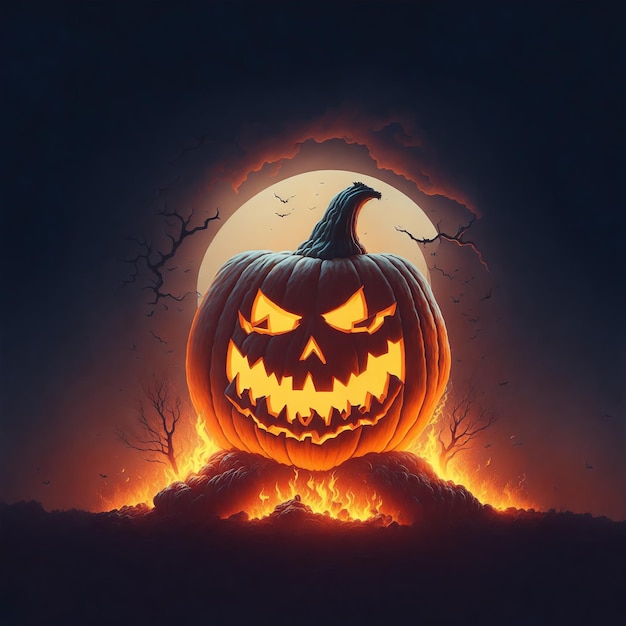 Free photo of a flaming pumpkin with a scary glowing face