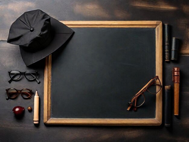 Free photo flat lay of blackboard with academic cap and glasses