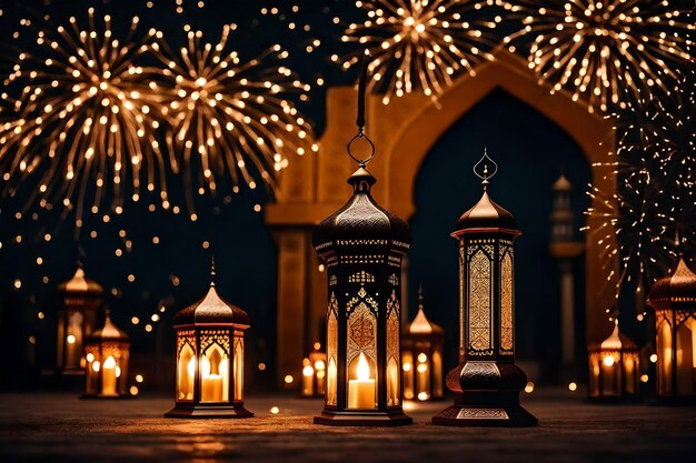 Photo free photo free photo ramadan kareem eid mubarak royal elegant lamp with mosque holy gate with firew