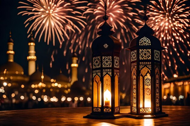 Photo free photo free photo ramadan kareem eid mubarak royal elegant lamp with mosque holy gate with firew