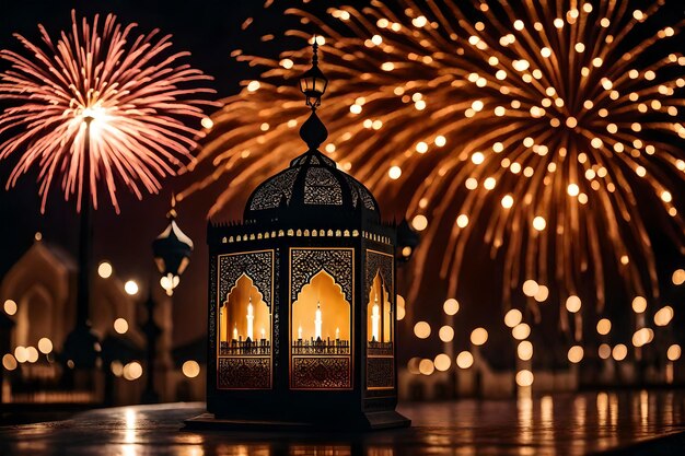 Free photo free photo ramadan kareem eid mubarak royal elegant lamp with mosque holy gate with firew