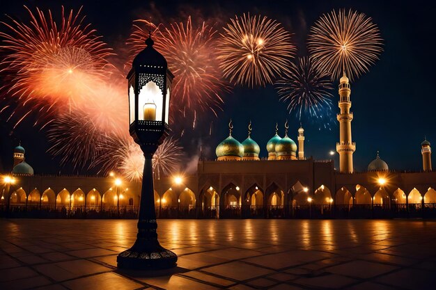 Free photo free photo ramadan kareem eid mubarak royal elegant lamp with mosque holy gate with firew