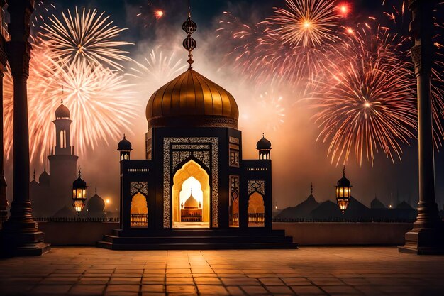 Free photo free photo ramadan kareem eid mubarak royal elegant lamp with mosque holy gate with firew