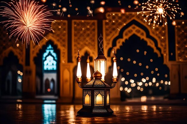 Photo free photo free photo ramadan kareem eid mubarak royal elegant lamp with mosque holy gate with firew