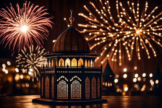 Free photo free photo ramadan kareem eid mubarak royal elegant lamp with mosque holy gate with firew