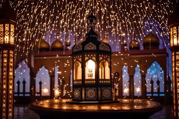無料の写真 無料の写真 ラマダン・カリーム・イード・ムバラク 王室のエレガントなランプとモスクの聖なる門と火