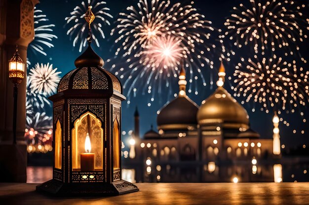 Free photo free photo ramadan kareem eid mubarak royal elegant lamp with mosque holy gate with firew