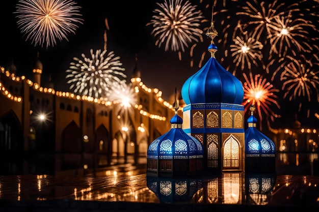 Free photo free photo ramadan kareem eid mubarak royal elegant lamp with mosque holy gate with firew