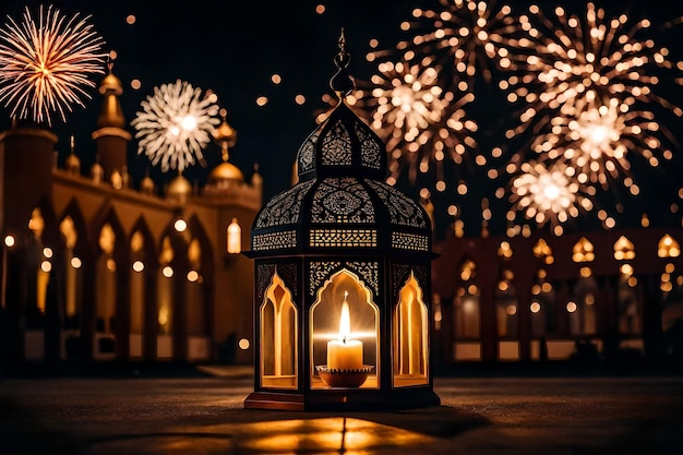 Free photo free photo ramadan kareem eid mubarak royal elegant lamp with mosque holy gate with firew