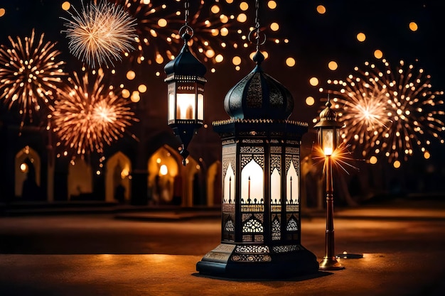 Free photo free photo ramadan kareem eid mubarak royal elegant lamp with mosque holy gate with firew