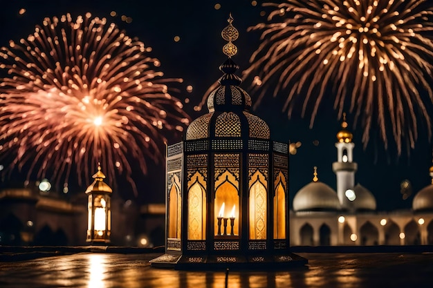 Free photo free photo ramadan kareem eid mubarak royal elegant lamp with mosque holy gate with firew