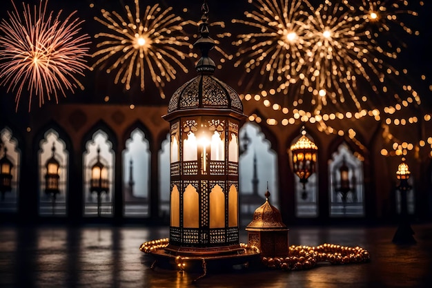 Free photo free photo ramadan kareem eid mubarak royal elegant lamp with mosque holy gate with firew