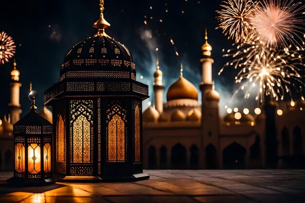 Free photo free photo ramadan kareem eid mubarak royal elegant lamp with mosque holy gate with firew