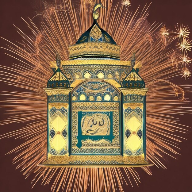 Free photo free photo Ramadan Kareem Eid Mubarak royal elegant lamp with mosque holy gate with firew