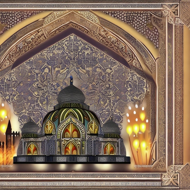 Free photo free photo Ramadan Kareem Eid Mubarak royal elegant lamp with mosque holy gate with firew
