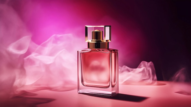 ピンクのオンブル背景に香水の無料写真正面図ボトル