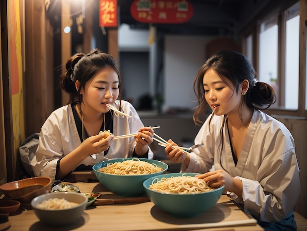 국수를 먹는 여자 정면 보기 무료 사진