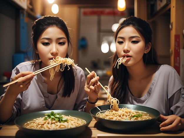 Free photo front view woman eating noodles