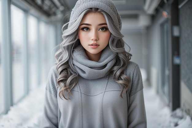 Free photo frozen woman in grey clothes