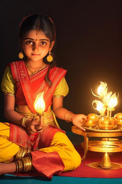 Бесплатное фото Девочка с тарелкой масляных ламп на Дивали, созданная искусственным интеллектом