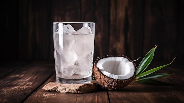 Free photo glass of coconut water put on dark wooden