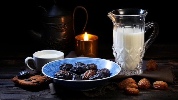 Бесплатное фото стакан молока возле блюдца со сладким черносливом