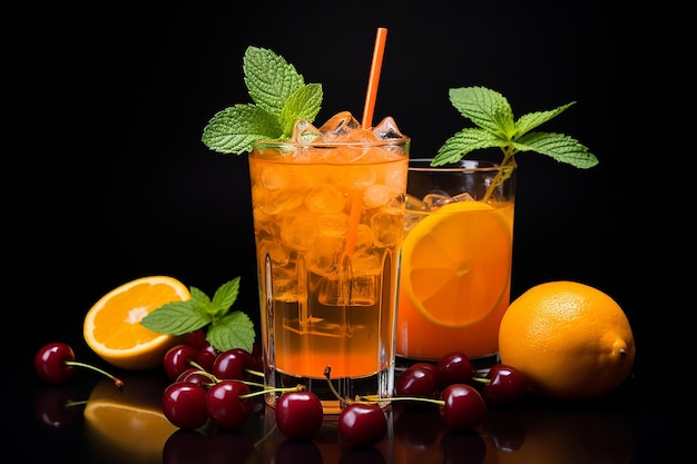 Free photo a glass of orange juice with cherries