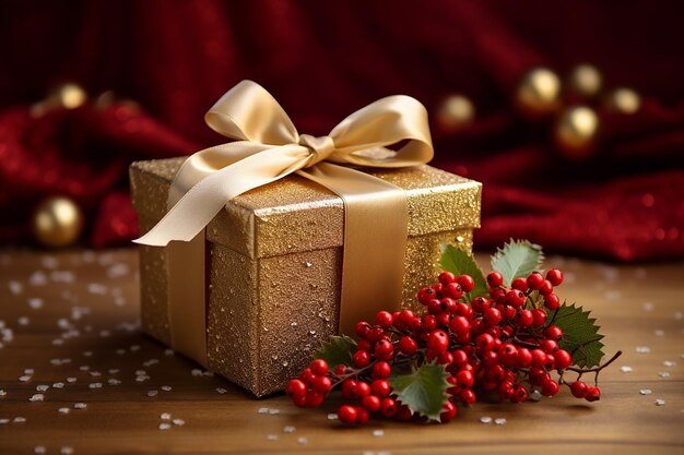 Free photo golden gift with red berries christmas