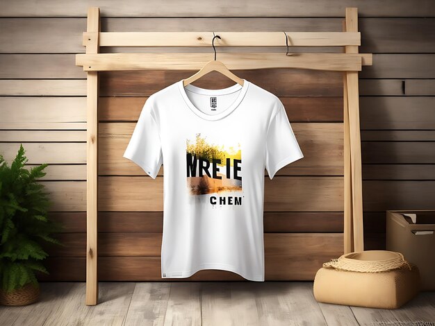 Photo free photo graphic tshirt trendy design mockup presented on wooden hanger