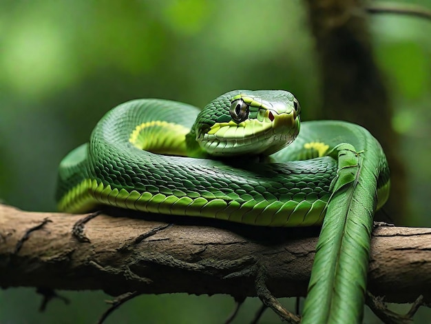 Free photo green albolaris snake side view animal closeup green viper snake closeup head