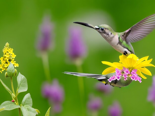 Free photo green and gray humming bird flying over yellow flowers