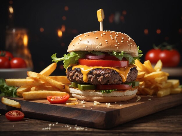 Free photo grilled beef burger with fries cheese and tomato generative ai