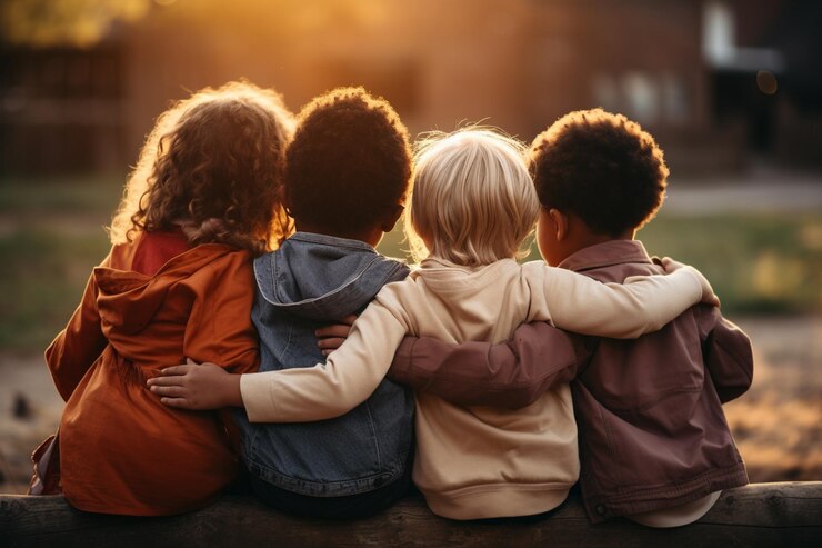 Photo free photo group of kids friends arm around sitting together