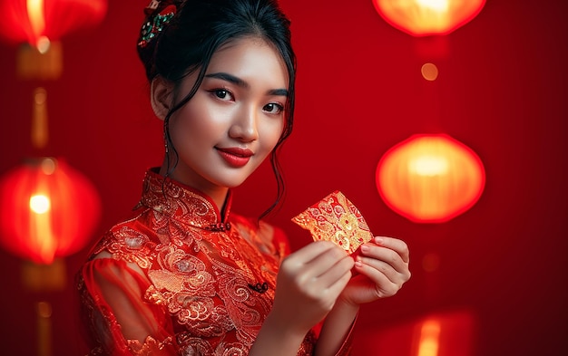 Free photo of Happy Chinese New Year Asian woman pointing at gold ingot isolated on red background