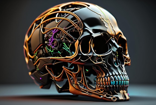 Бесплатно фото Человеческий череп Новый темный фон и 3D-рендеринг красочные зеленые листья Концепция Хэллоуина