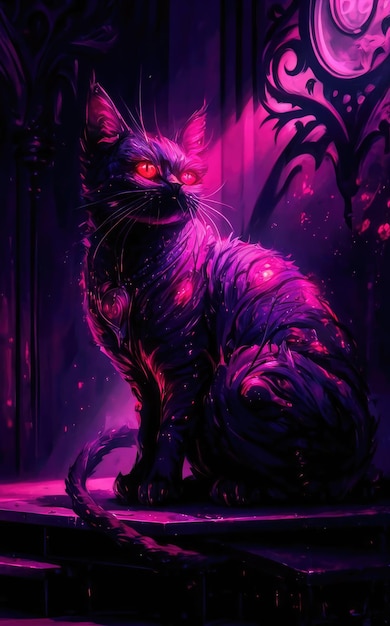 Free photo Illustration of a cat of a red eyes in purple light