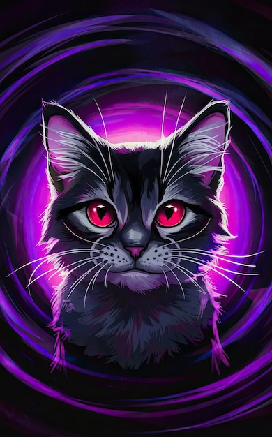 Free photo Illustration of a cat of a red eyes in purple light