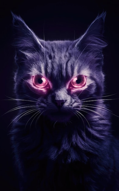 free photo Illustration of a cat of a red eyes in purple light