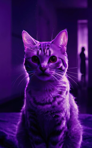 free photo Illustration of a cat of a red eyes in purple light