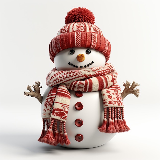Фото Бесплатная фотоиллюстрация снежного человека с красными перчатками, шляпой и шарфом на белом фоне