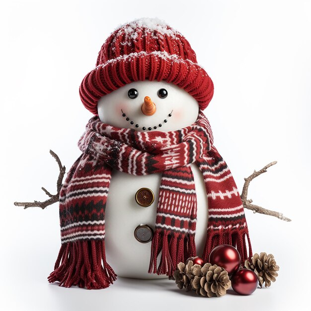 Free photo illustration of a snowman with red gloves a hat and scarf isolated on a white backgroun