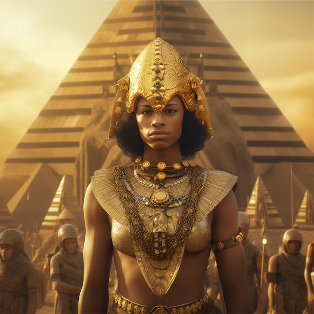 Free photo an image of ancient Egyptian woman with royal clothes in front of the pyramids